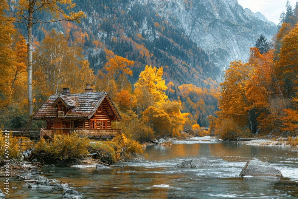 Fototapeta premium Autumn Wood Cabin Nestled in a Mixed Forest Valley with River and Mountains Generative AI