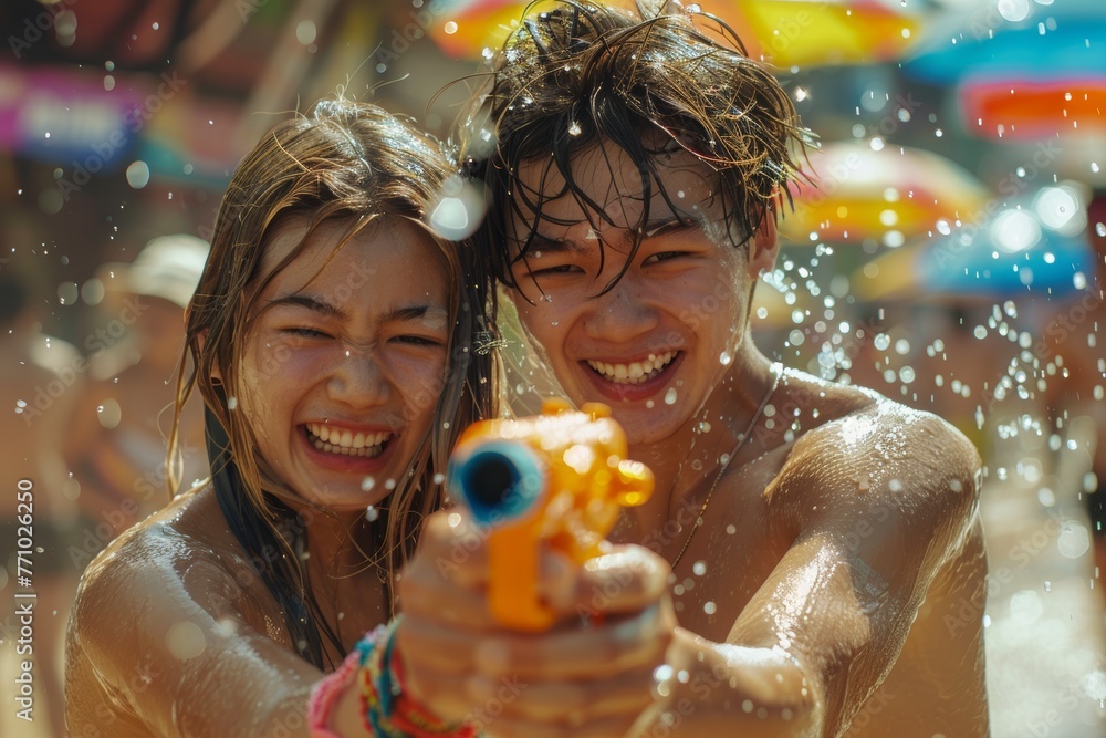 Joyful Young Man and Woman Engaging in Songkran Water Fight in Thailand Generative AI Joyful Young Man and Woman Engaging in Songkran Water Fight in Thailand Generative AI