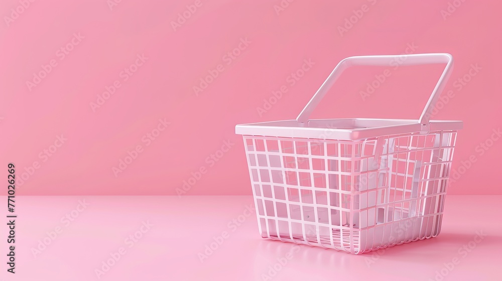 Against a pink background, an empty shopping basket is illustrated in this 3D rendering illustration. Against a pink background, an empty shopping basket is illustrated in this 3D rendering illustration.