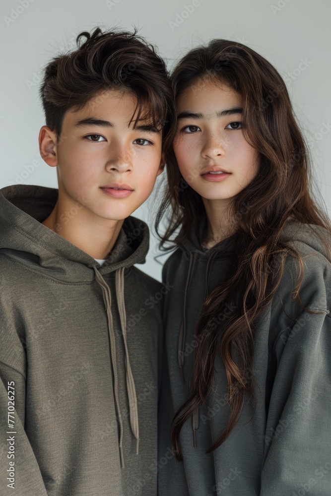 Stylish Asian Boy and Girl in Hoodies Promoting Skin Care Product with Bright, Muted Background Generative AI Stylish Asian Boy and Girl in Hoodies Promoting Skin Care Product with Bright, Muted Background Generative AI