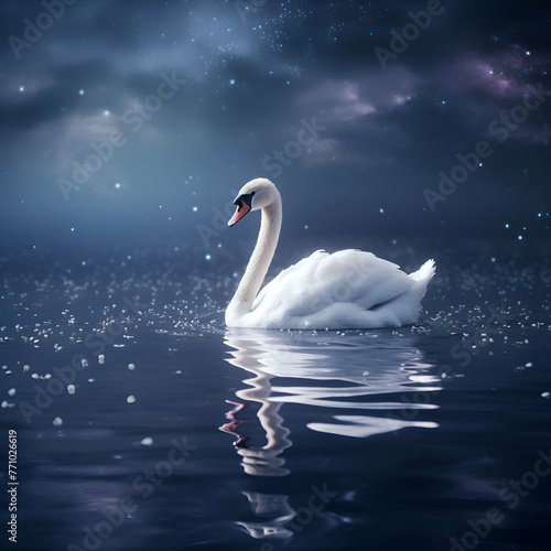 3d rendering of a white swan swimming in the night lake © Wazir Design