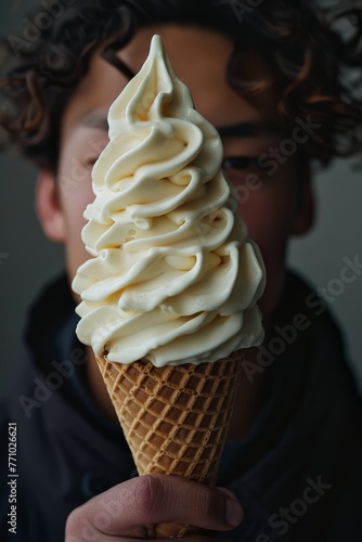 Ice Cream Cone Symmetrically Placed in Front of Individual, with Fujifilm Eterna Style Cream Generative AI