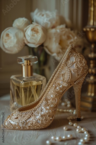 Rococo-Style Gold Bridal Shoe and Perfume Bottle in Pastel Hues Generative AI photo