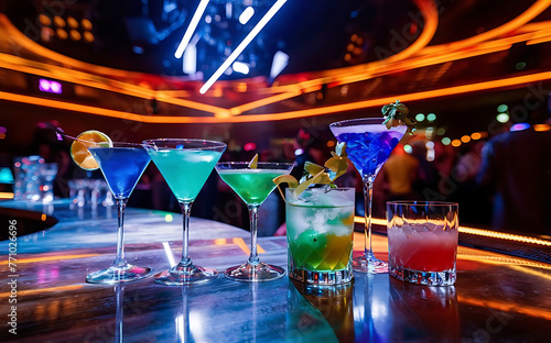 Beautiful alcoholic cocktails are at the bar of the nightclub