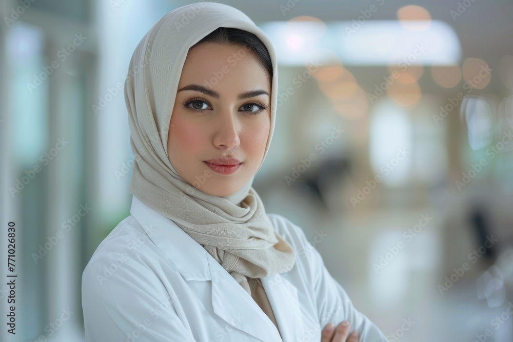 Asian Woman in Scientist Attire and Hijab Generative AI Asian Woman in Scientist Attire and Hijab Generative AI