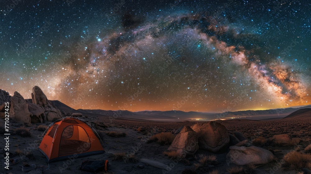 Tent in Desert Under Starry Night Sky