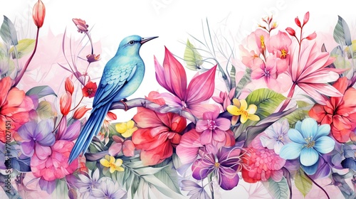 Watercolor wallpaper colorful tropical flowers with bird perched on branches. © Alpa