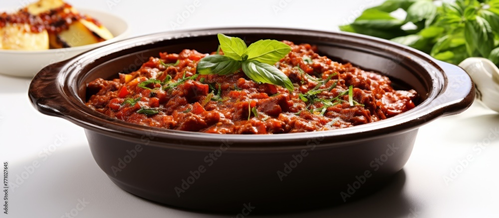 A dish featuring meat and tomato sauce with basil served on a table. This staple food recipe includes a combination of ingredients cooked and presented in tableware A dish featuring meat and tomato sauce with basil served on a table. This staple food recipe includes a combination of ingredients cooked and presented in tableware
