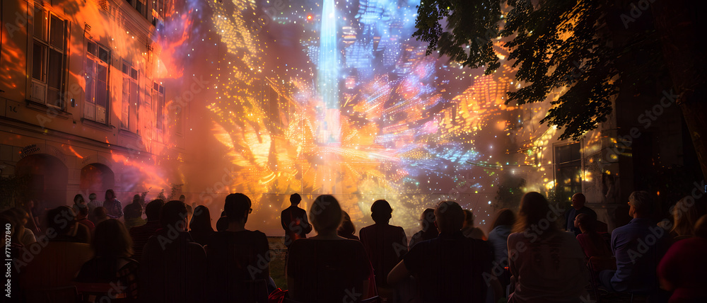 A mesmerizing fireworks show captivates an audience gathering in a city event, showcasing vibrant explosions in the sky