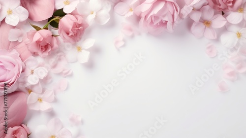 Wedding desktop with pink flowers and ribbon on a white blank paper. Wedding invitation card decoration.