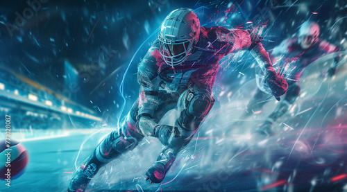 High-energy sports wallpaper concept design, ice punk sporty image with colorful vibrant special effects and water splashes, sports team background image, football rugby or soccer players in action © Ishra