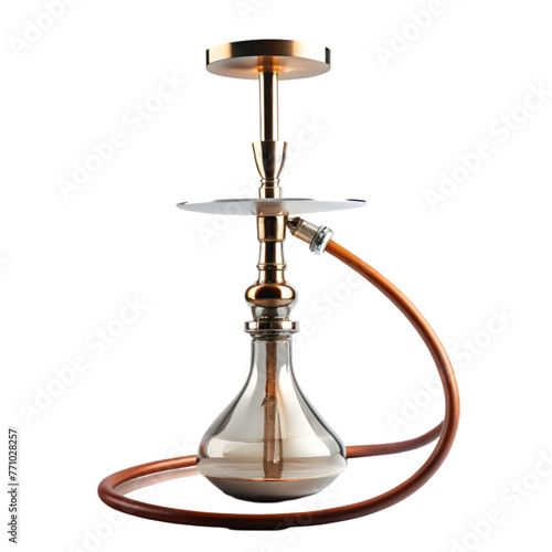 big golden narghile for tobacco smoking made of metal with long hookah hoses