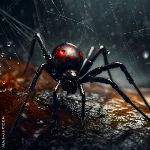 Closeup of a spider on a dark background with water drops.