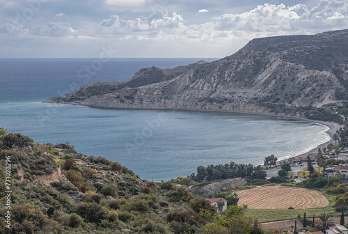 View of the stunning Pissouri Bay  the popular tourist resort of the village of Pissouri  as seen from the Eastern hilltop above the bay  located 30 km west of Limassol  Cyprus