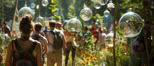 Festival attendees wandering a garden with intricate glass orbs and plant decorations in sunlight