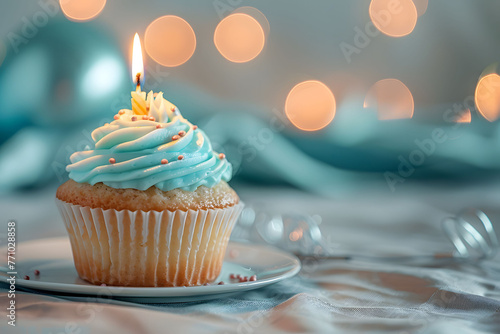 Birthday cupcake with candles on a light background. Happy Birthday concept  copy space for text  banner design  blue color scheme  soft lighting.