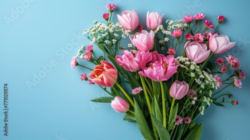 Spring Flowers Bouquet on Pastel Blue Table - International Women s Day Greeting Card Flat Lay