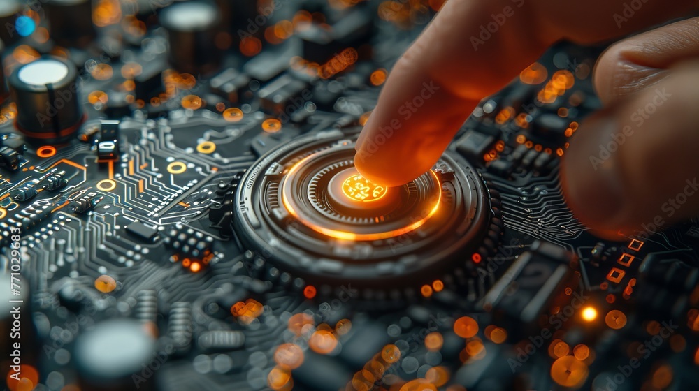 Fototapeta premium An image composite depicts a finger poised to press a power button against a 3D background, illustrating hardware equipment concept.