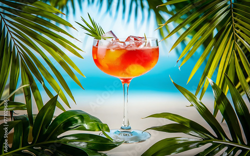 Tropical exotic cocktail in beautiful glass with ice background of tropical leaves of green plants summer drinks beach holiday