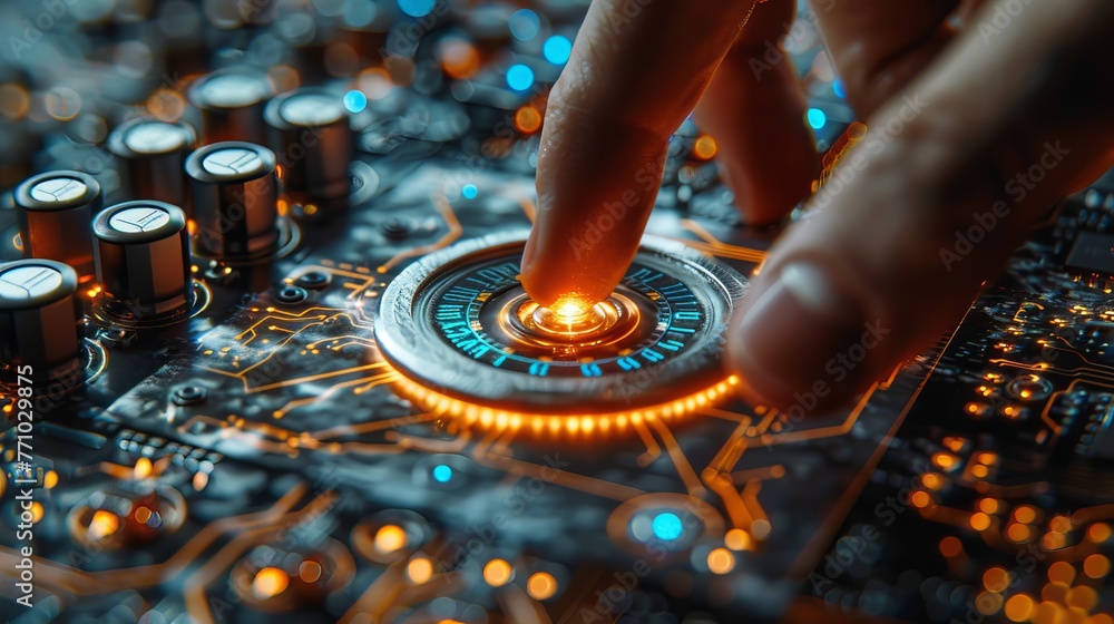 An image composite depicts a finger poised to press a power button against a 3D background, illustrating hardware equipment concept. An image composite depicts a finger poised to press a power button against a 3D background, illustrating hardware equipment concept.