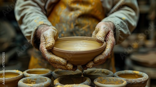 Hands of a potter expertly forming the bowl of a goblet, creating elegant curves in a potter