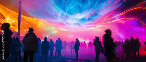 A bustling crowd immersing themselves in an event filled with mesmerizing, abstract light installations