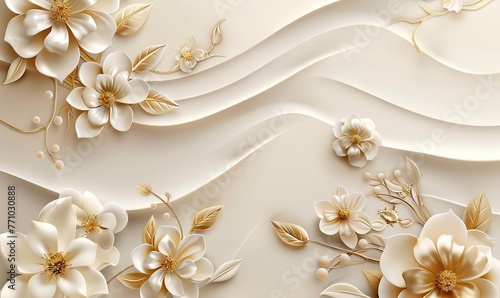 3D mural wallpaper flowers in gold and cream colors, 3D Mural wallpaper high quality AI generated image photo