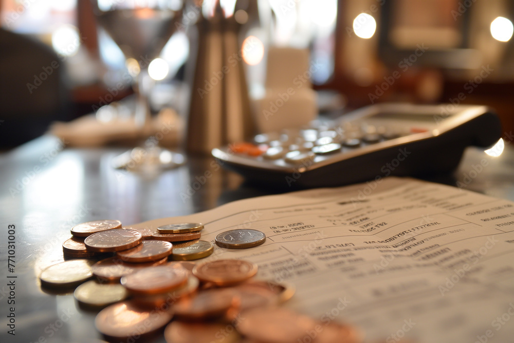 A closeup of a restaurant bill with coins on top of it
