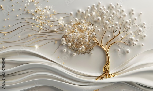 3D wallpaper white and gold tree life, 3D mural wallpaper gold tree and white circles high quality AI generated image