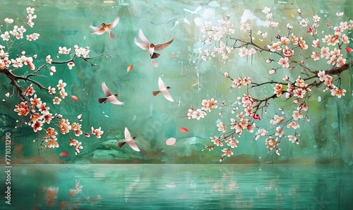 Mural wallpaper with pigeon, bird and sakura flowers high quality AI generated image #771031290