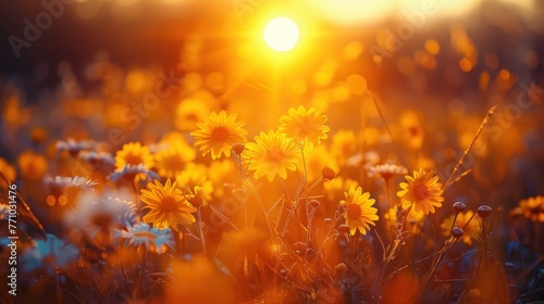 Golden Hour Meadow  Soft-Focus Landscape of Yellow Flowers   Grass in Tranquil Sunset Sunrise Time with Blurred Forest Background - Idyllic Nature Closeup for Spring Summer