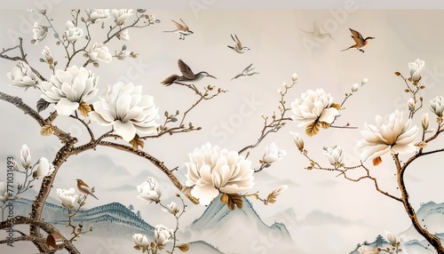 Mural wallpaper magnolia tree high quality AI generated image