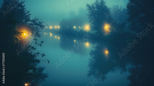 Foggy Night Over River With Lights