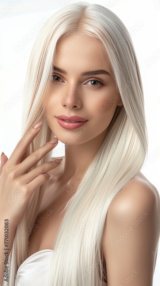 Woman showcasing white sleek, shiny hair post-shampoo. Portrait of beauty and haircare.