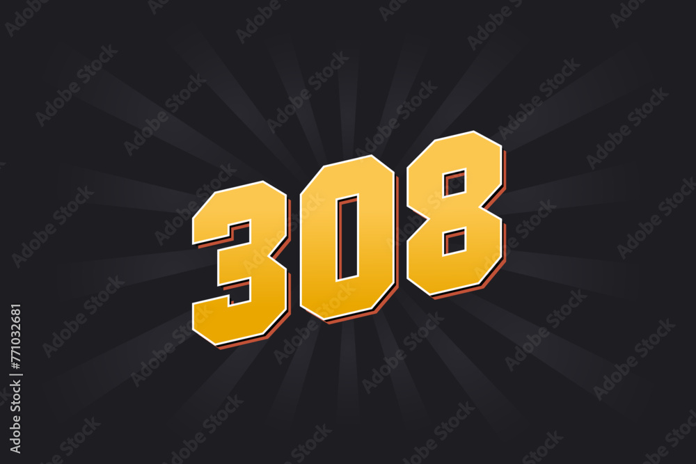 Number 308 vector font alphabet. Yellow 308 number with black background