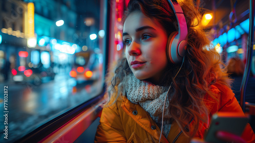a young woman sitting by the window on a train and enjoying music