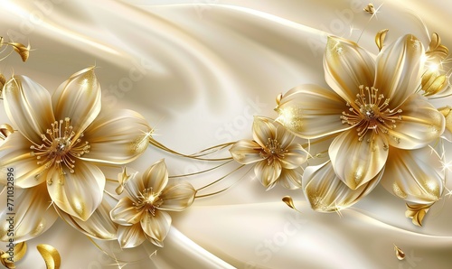 golden luxurious flowers on a light background wallpaper. AI generated illustration