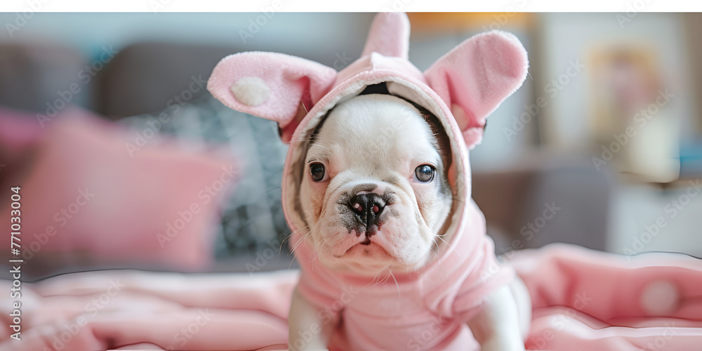Front side French bulldog looks sad a cute chubby puppy wearing a ballerina pink cartoon suit and costume.AI Generative
