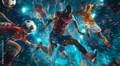 High-energy sports wallpaper concept design, ice punk sporty image with colorful vibrant special effects and water splashes, sports team background image, football rugby or soccer players in action photo