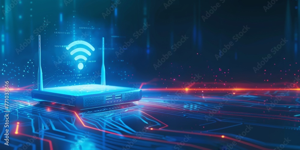 Wifi router isolated on the abstract blue background with icon wifi over them, internet concept Wifi router isolated on the abstract blue background with icon wifi over them, internet concept
