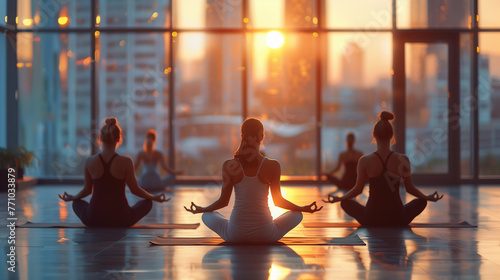 A group of women doing yoga inside with windows and a sunset