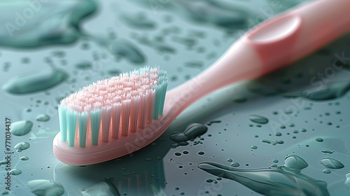 Depicted on a white background is a pink toothbrush with green and white bristles, emphasizing dentistry and teeth cleaning. photo