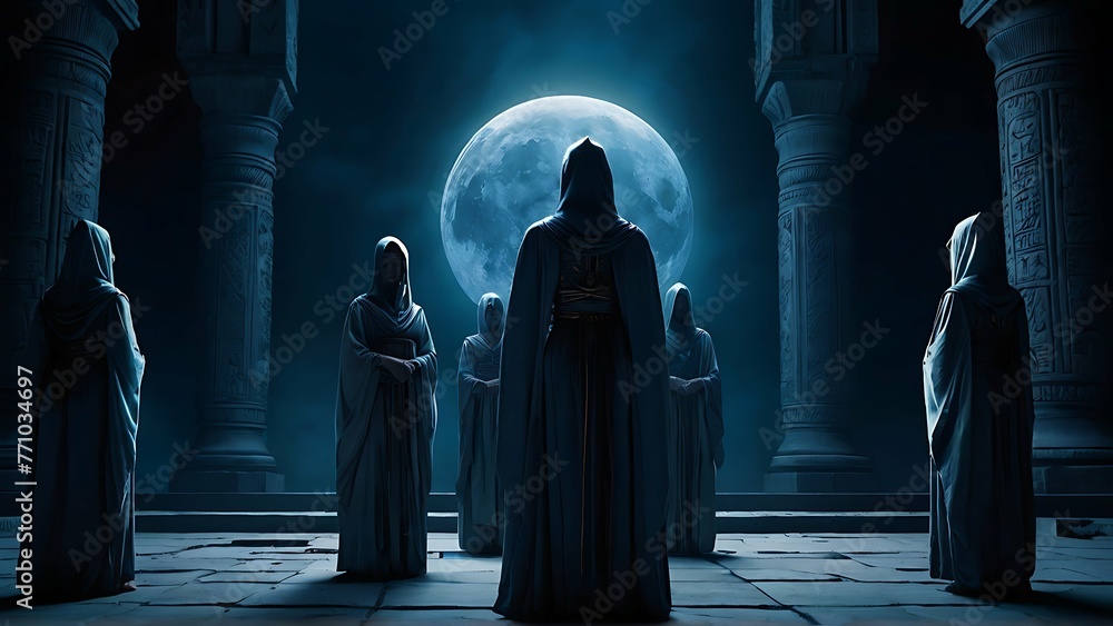 In the moonlit ruins of an ancient temple, a group of hooded figures engage in a sultry lunar ritual to evoke the spirits of the night. This concept art is a digital painting, rich in deep blues and g