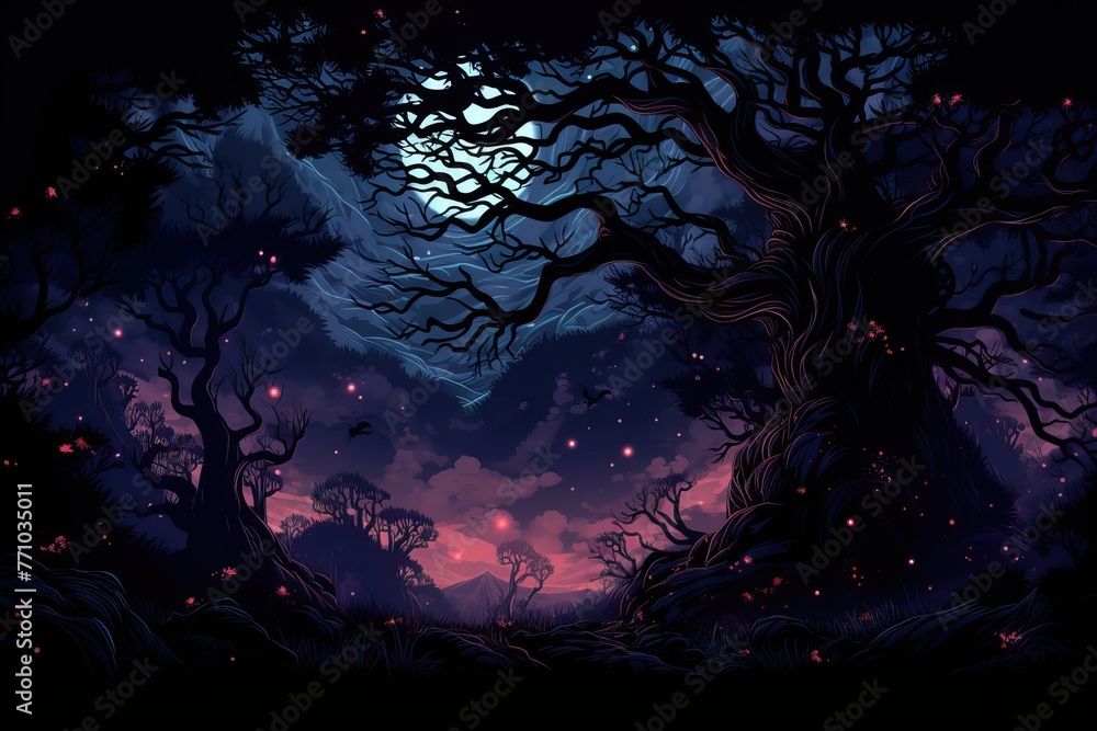 a magical night landscape with a fantasy forest, dark trees, moon