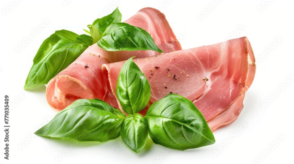 fresh slices of meat, accompanied by some green leaves .AI generated image fresh slices of meat, accompanied by some green leaves .AI generated image