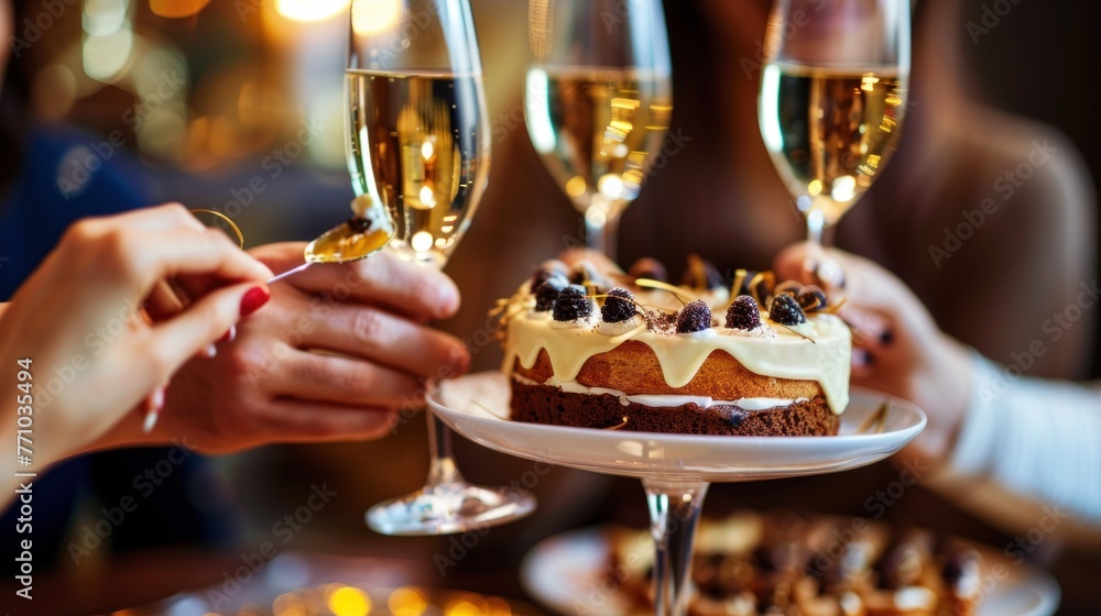 a group of people celebrating a birthday party, with birthday cake and