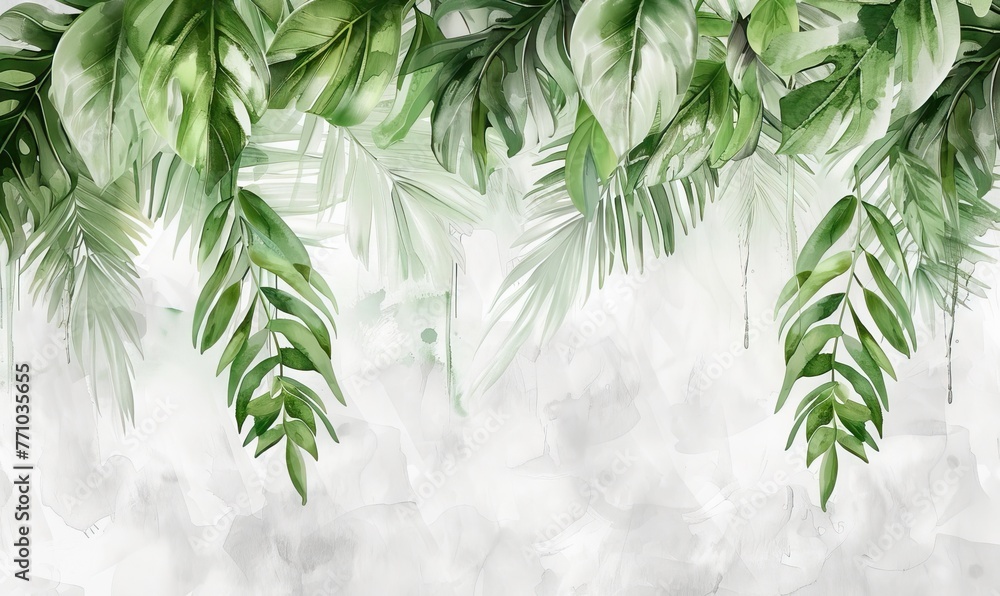 wallpaper watercolor style illustration with 3d hanging palm luxury leaves. AI generated illustration - obrazy, fototapety, plakaty 