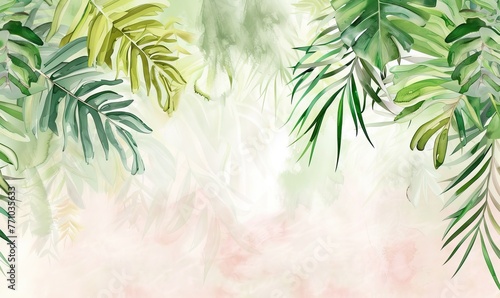 wallpaper watercolor style illustration with 3d hanging palm luxury leaves. AI generated illustration