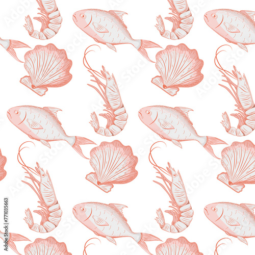 pattern sea food, fish, shrimps, shells, background, poster sea food (ID: 771035663)