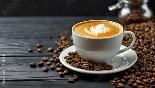 Coffee in a coffee cup and coffee beans next to it